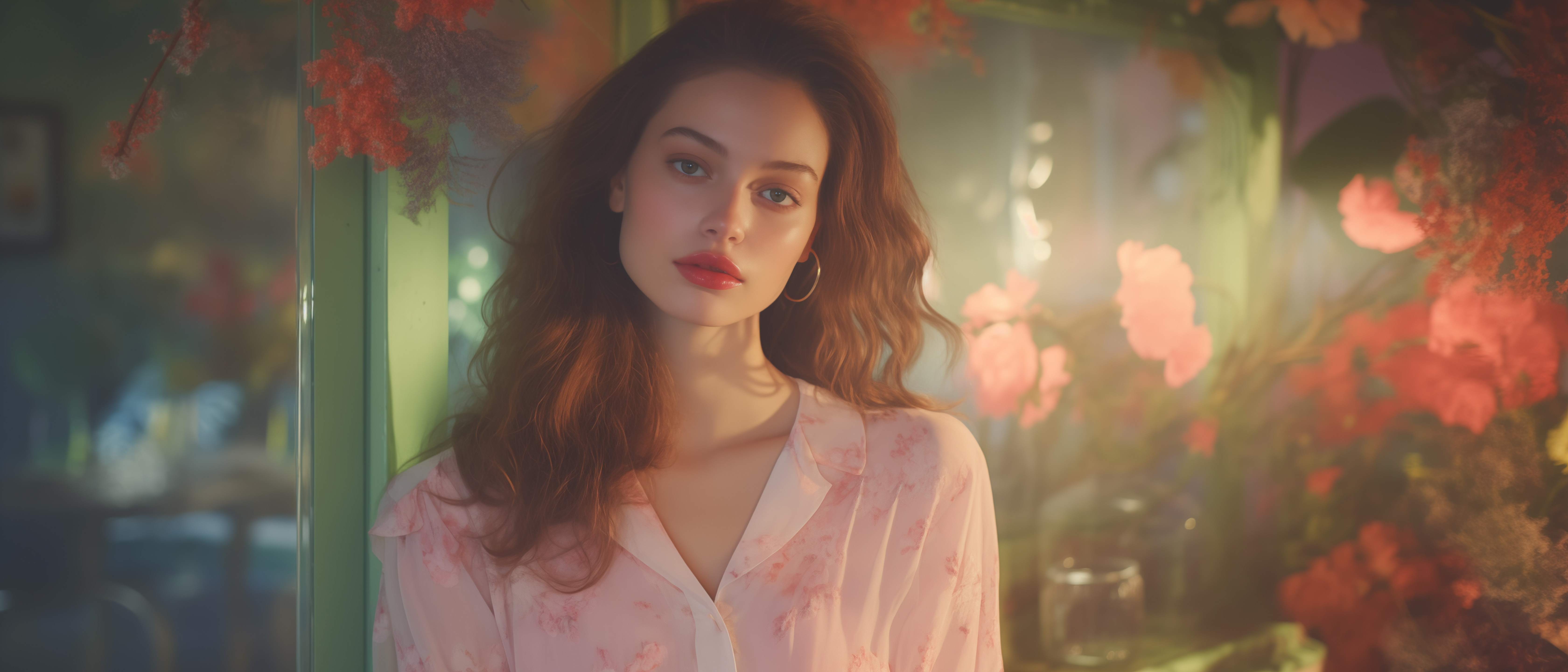 A woman stands framed by vibrant flowers, her serene expression illuminated by a rich tapestry of sunset colours, conveying a painterly, soft-focus realism that highlights the interplay of light and shadow.